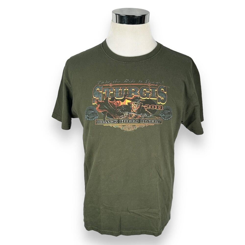 Sturgis‎ Black Hills Biker Rally 2011 T-Shirt Men's Large Green Skull Flames Tee
